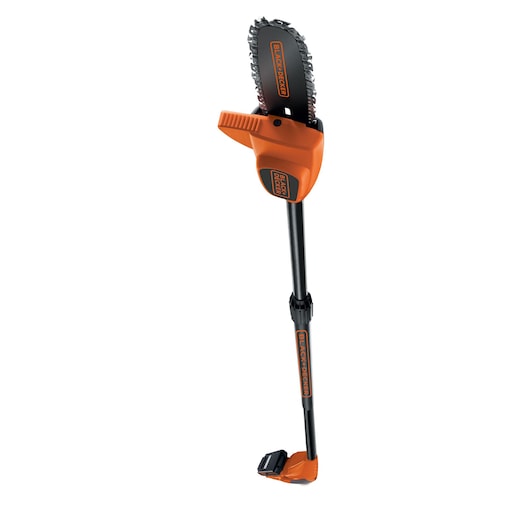 A BLACK+DECKER cordless pole saw with an orange and black design. The tool features a telescopic pole and a small chainsaw at the end, suitable for trimming branches at height.