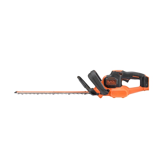 A BLACK+DECKER cordless hedge trimmer with an orange and black design, featuring a long dual-action blade and ergonomic handle.