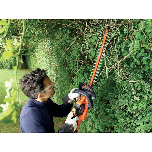 A person wearing safety glasses and gloves is using a BLACK+DECKER cordless hedge trimmer to cut overgrown branches on a tall, leafy hedge in a garden.