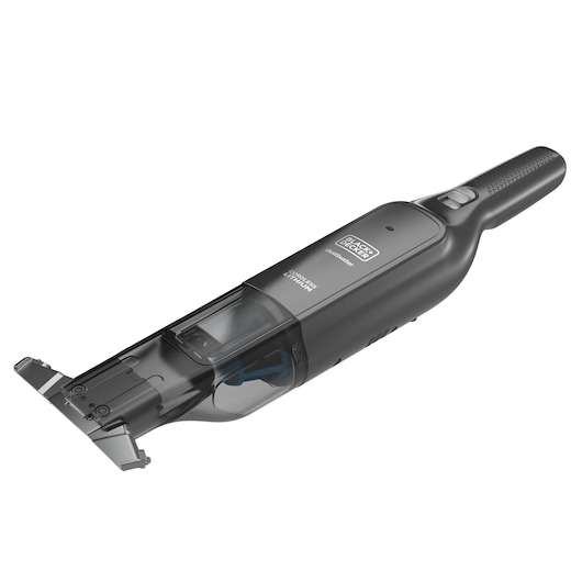 A BLACK+DECKER handheld cordless vacuum cleaner, model HLVC320B11, shown in black with an extended nozzle attachment.