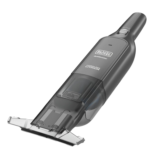 A BLACK+DECKER cordless handheld vacuum cleaner with a lithium battery, shown in a close-up view. The device has a sleek black design and features a transparent dust compartment.