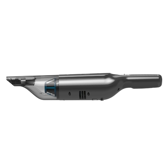 Side view of a BLACK+DECKER handheld cordless vacuum cleaner model HLVC320B11, featuring a sleek black and transparent design.