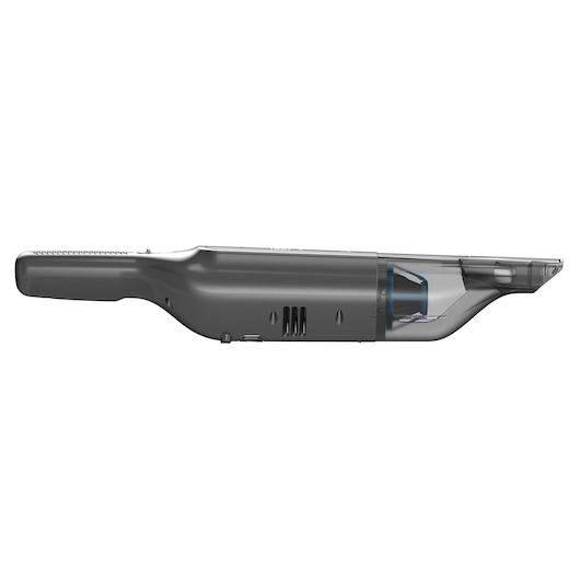 Side view of a BLACK+DECKER handheld vacuum cleaner in grey and transparent plastic.