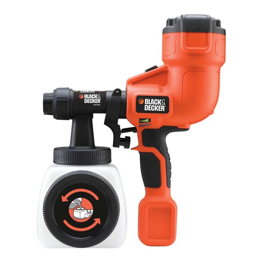 BLACK+DECKER HVLP200 handheld paint sprayer, featuring a bright orange and black design, with a detachable paint container and ergonomic grip.