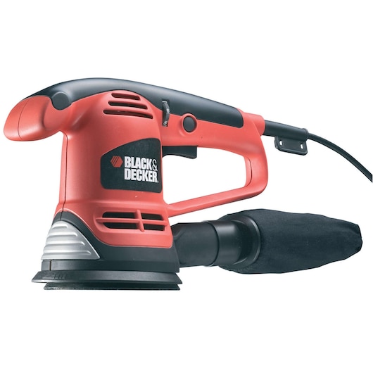 A close-up image of a BLACK+DECKER electric sander, model KA191EK, with a red and black body, dust collection bag, and a power cord.