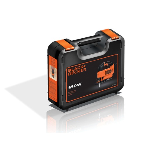 A BLACK+DECKER branded black and orange carrying case for a 550W jigsaw, showing product image and specifications on the front.