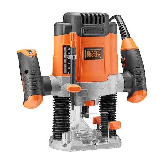 Electric plunge router from BLACK+DECKER, model KW1200E, used for woodworking. Features a bright orange and black design, ergonomic handles, and depth adjustment controls.