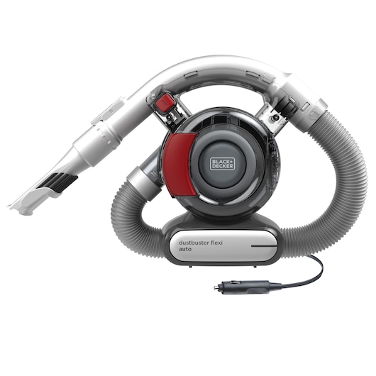 A BLACK+DECKER Dustbuster Flexi Auto handheld vacuum cleaner with a flexible hose and car adapter plug. The vacuum is compact, designed for cleaning vehicles, and features a modern design with a grey and red color scheme.