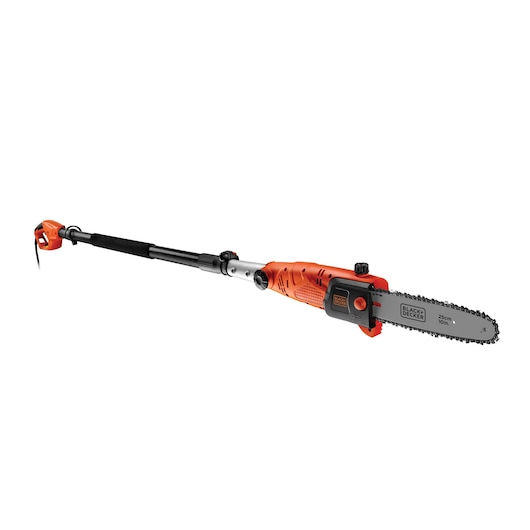 A BLACK+DECKER electric pole saw with a 25 cm (10 inch) chain bar, featuring an extendable pole for trimming tree branches.