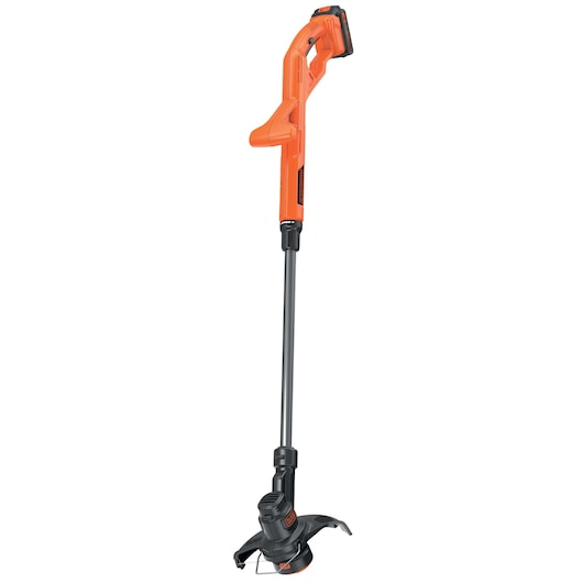 A BLACK+DECKER cordless grass trimmer, featuring an orange handle and body with black trimming head, shown standing upright on a white background.