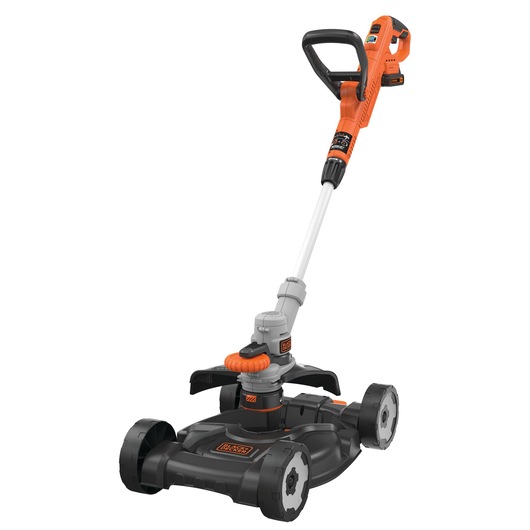 A cordless BLACK+DECKER garden tool with wheels, designed for lawn trimming and edging. The tool has an orange and black body with a handle, wheels, and an adjustable shaft.